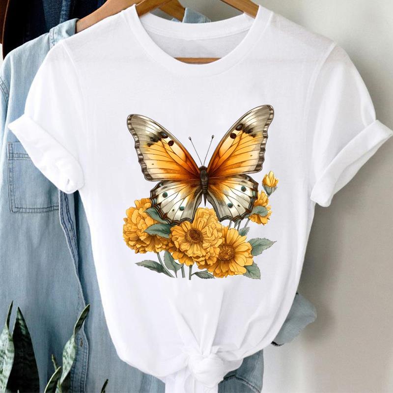 (Asian Size) Printed Clothing Top Fashion feather flower 90s Short Sleeve T-shirts Women Graphic Tee Lady Female Casual T Shirt Tees