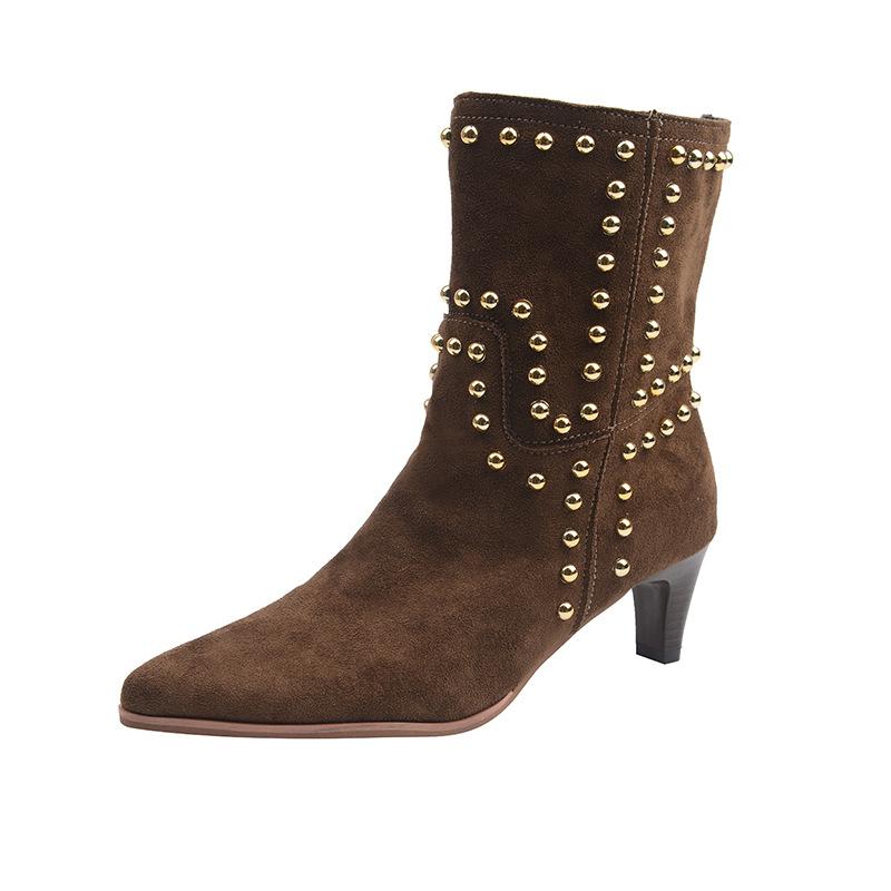 2025 Autumn New Style Rivet Pointed-Toe Mid-Heel Fashion Boots - Suede Sleeve Mid-Calf Boots