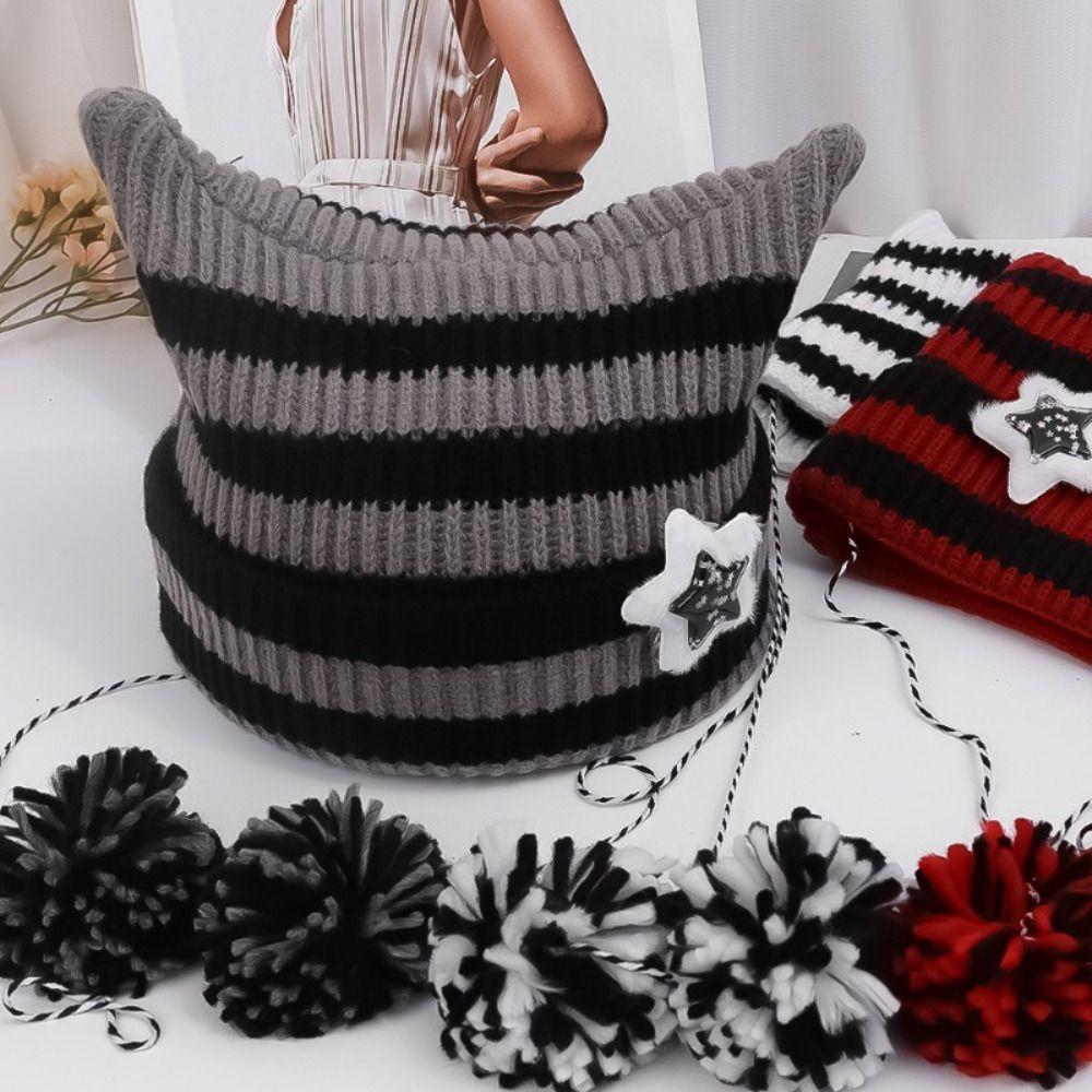Y2K Cat's Ears Knitted Hat Star Warm Cap Fashion Slouchy Knitted Beanies Cycling