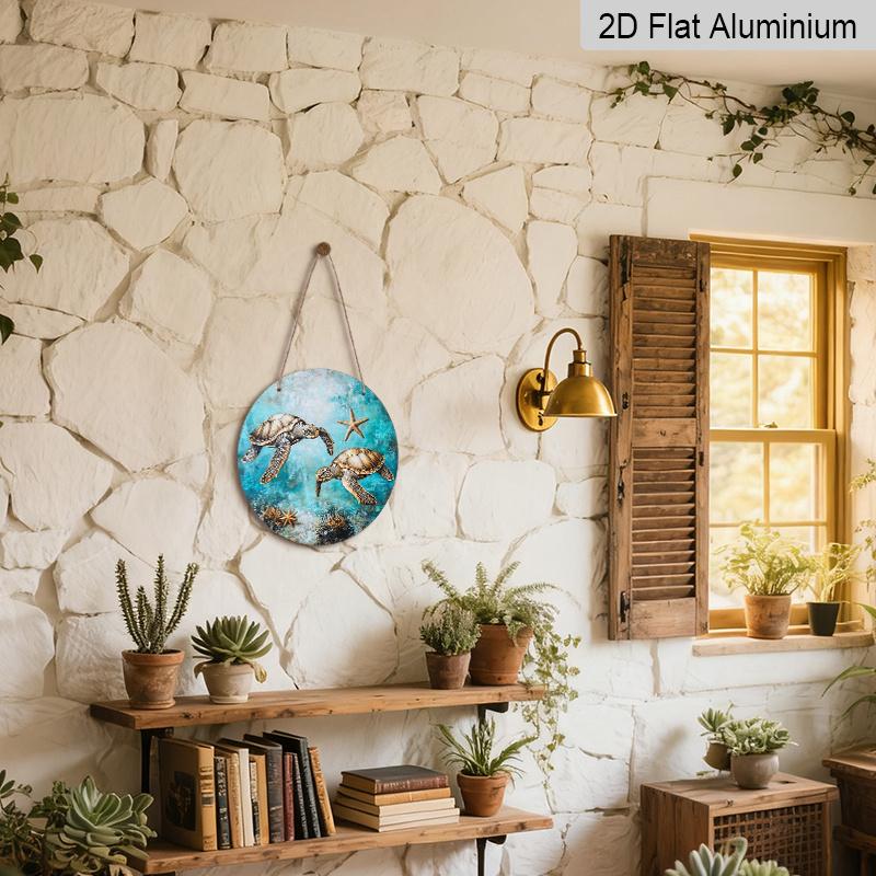 Vintage Sea Turtles & Starfish Metal Wall Art – 2D Flat Round Aluminum Sign with Oceanic Blue Background, Coral Reef Design, Indoor Decor for Living