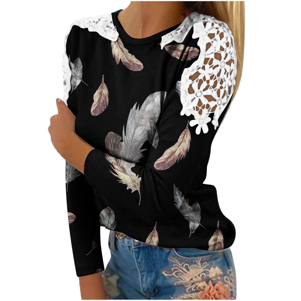 Mode Damen Sommer T-Shirt Spitze Hohl Langarm T-Shirt