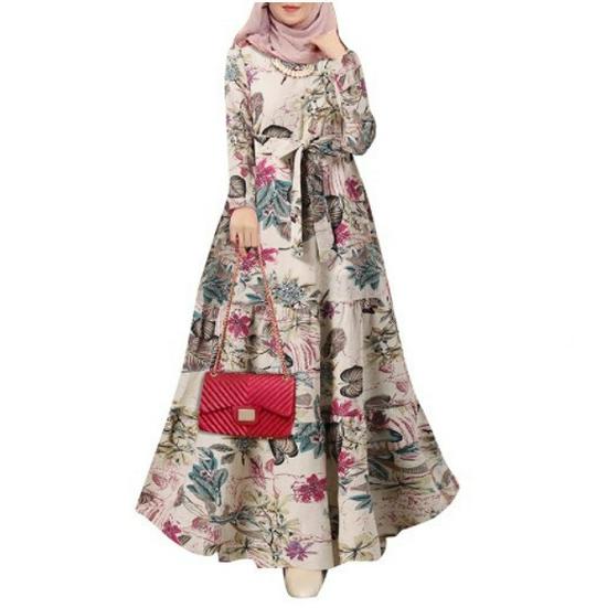 Muslim Street Fashion Long Sleeve O-Neck Printed Dress