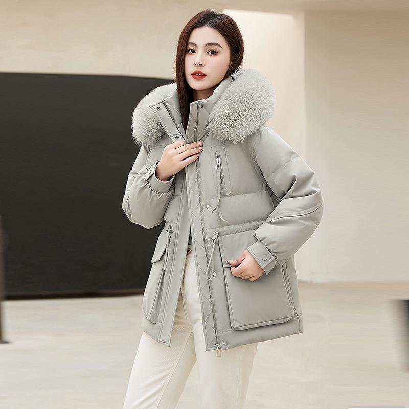 Big Fur Collar Down Jacket Women's New Hooded Thickened Mid-length White Duck Down Slim Coat Winter