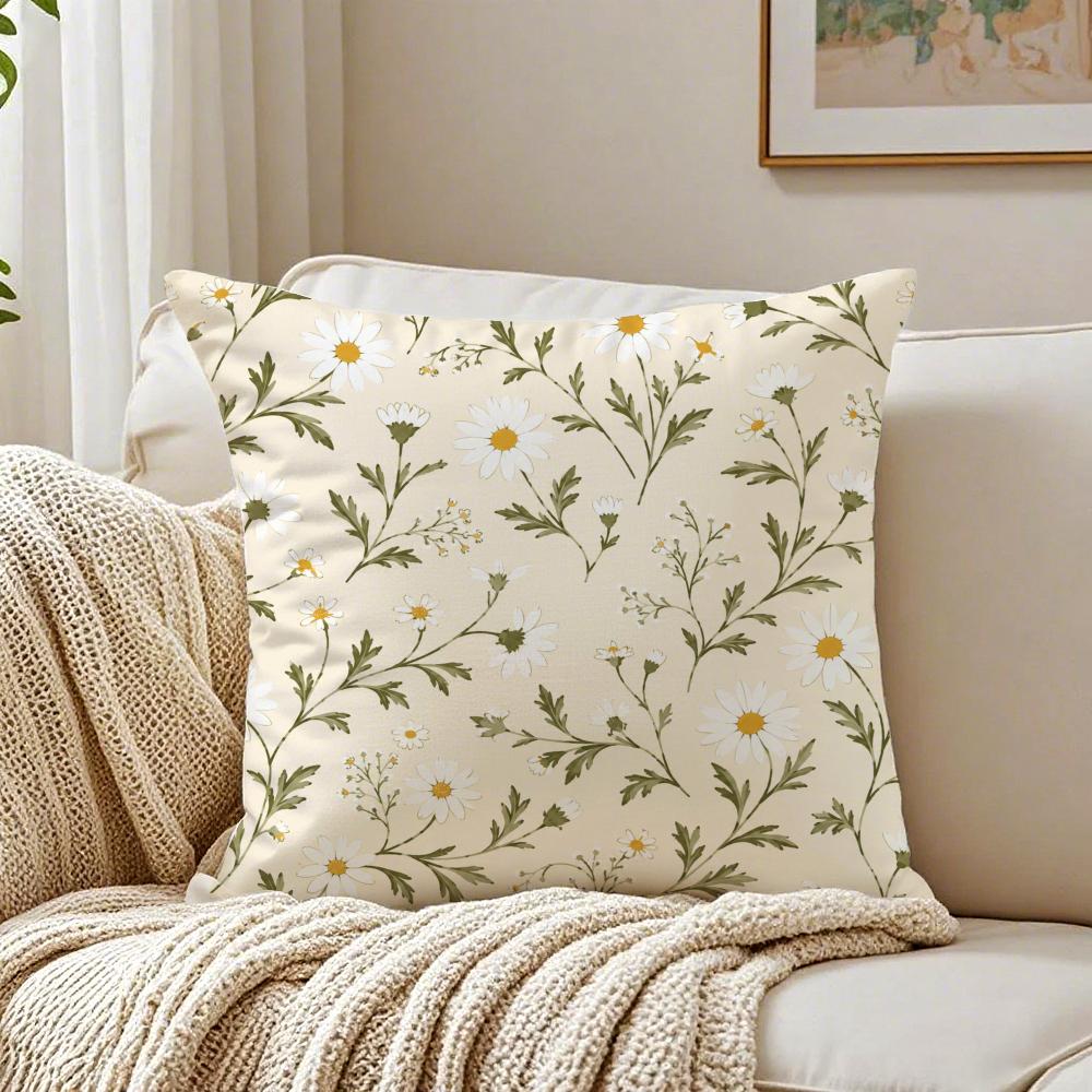 Boho Neutral Daisy Vine Pillow Case Organic Short Plush Cushion Covers Breathable Washable WrinkleResistant