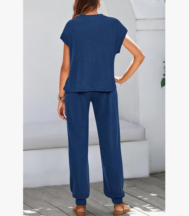 2026 Sommer Damen Zweiteiliges Gestreiftes Jogging-Set: Kurzarm-Oberteil & Lange Hose