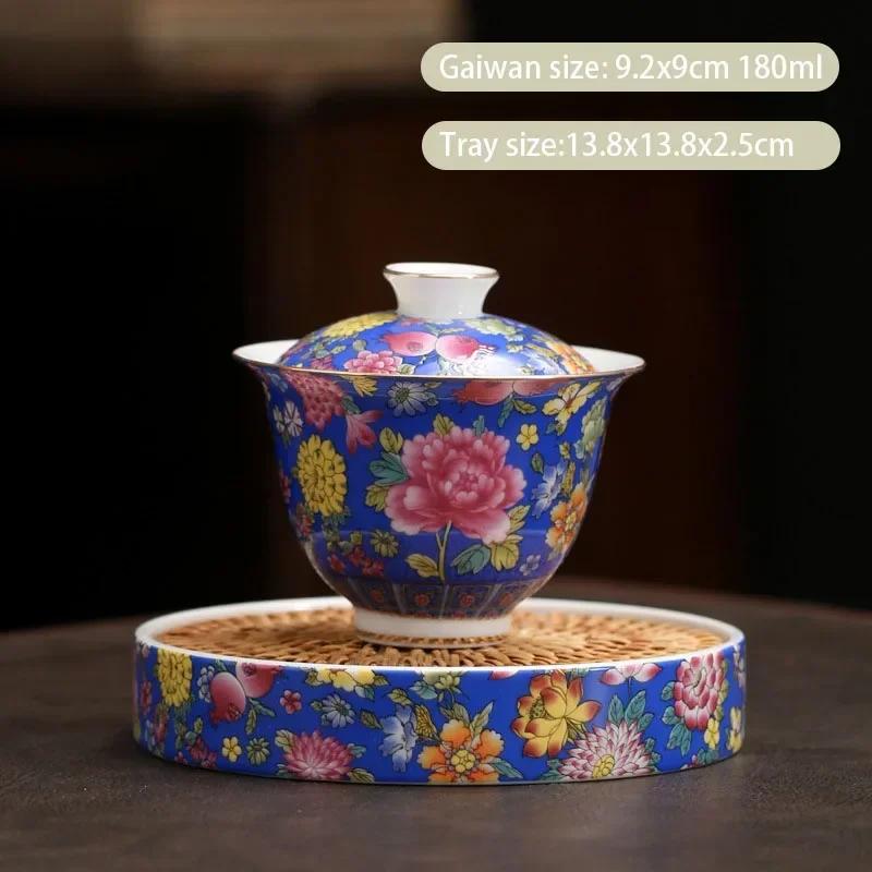 Chinese Enamel Color Ceramic Gaiwan Pot Bearing Handmade Flowers Porcelain Tea Bowl Teacup Household Tea Infuser Travel Teaware