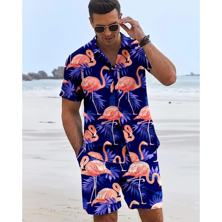Funny 3D Flamingo Print Men's Shirt Beach Vacation Short Sleeve and Shorts Two-Piece Set