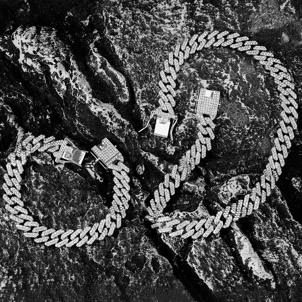 Silver Color Cuban Chain Watch Suit for Men Hip Hop Miami Curb Iced Out Paved Rhinestones Bling Rapper Necklace Watch+Bracelet