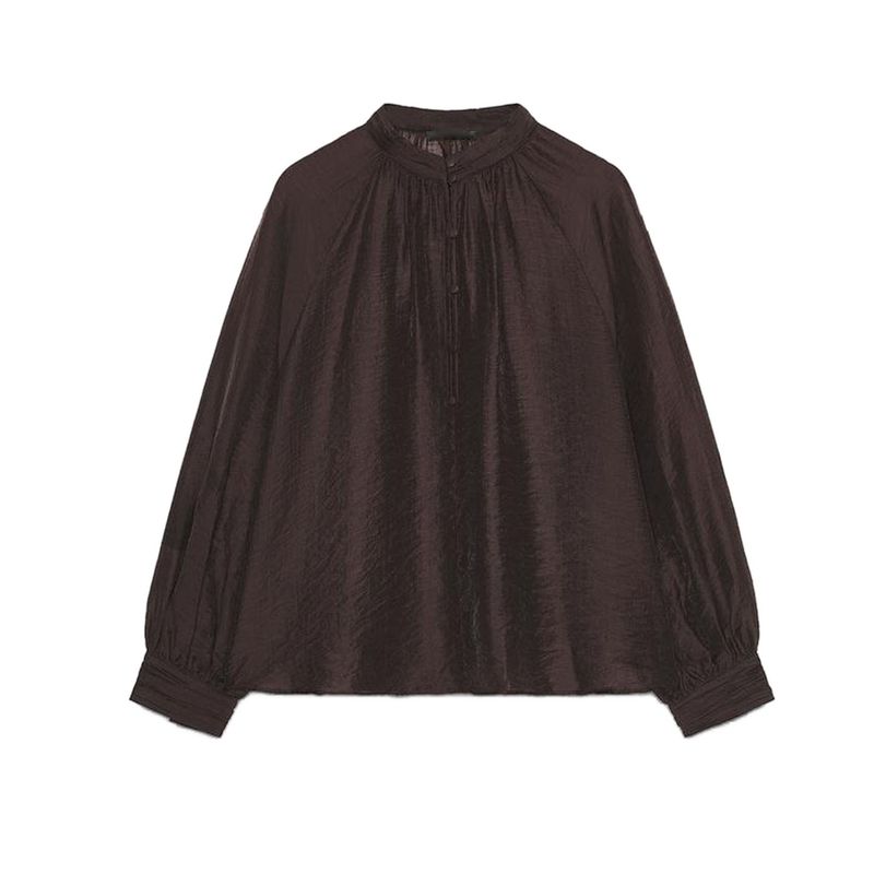 Autumn New Women's Clothing French Design Stand Collar Loose Long-Sleeved Bubble Sleeve Translucent Shirt 5029192