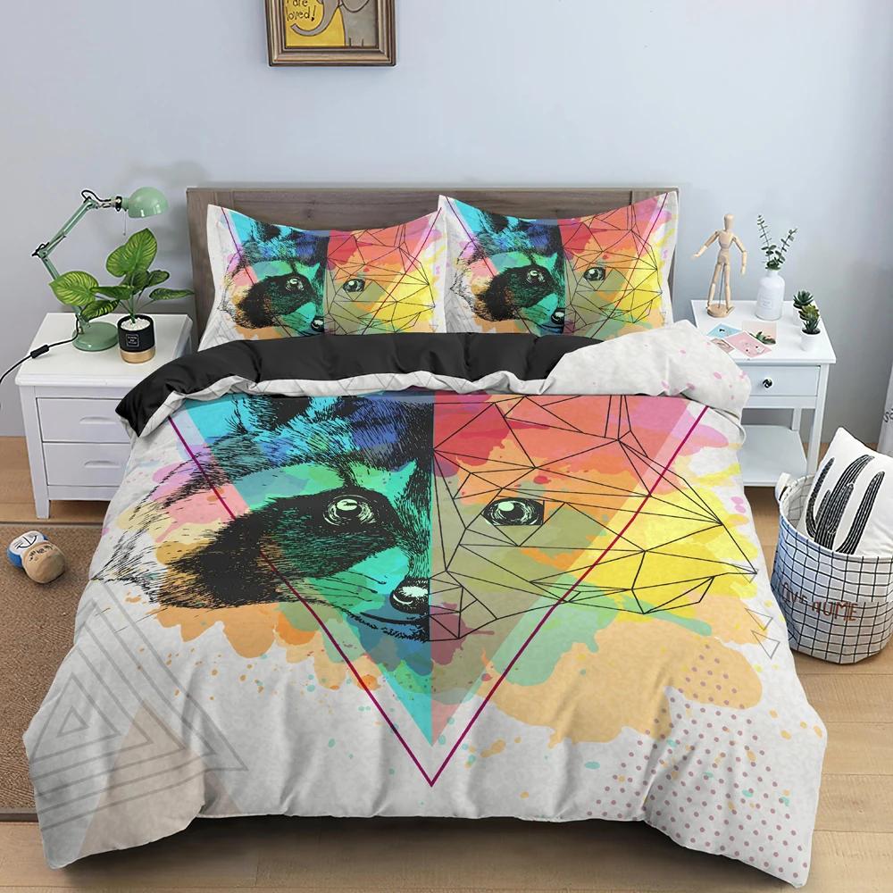 Polygon Cartoon Animal Pattern Duvet Cover Watercolor Lion Background Polyester Bedding Set King Queen Size 2/3Pcs For Kids Boys