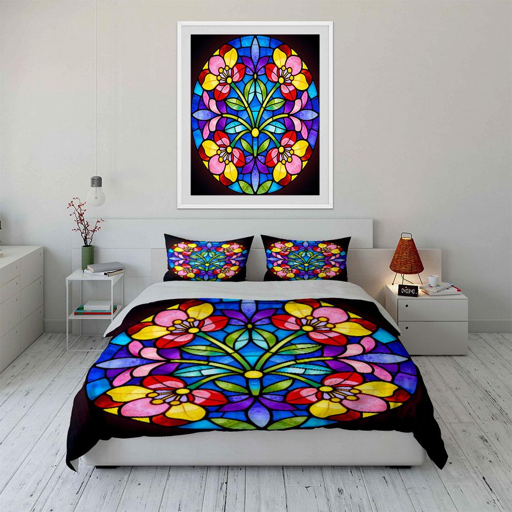 Colorful Floral Glass Art Set Soft Comfortable Duvet Cover Bedding Set Included 1*Duvet Cover & 2*Pillowcases, Gift