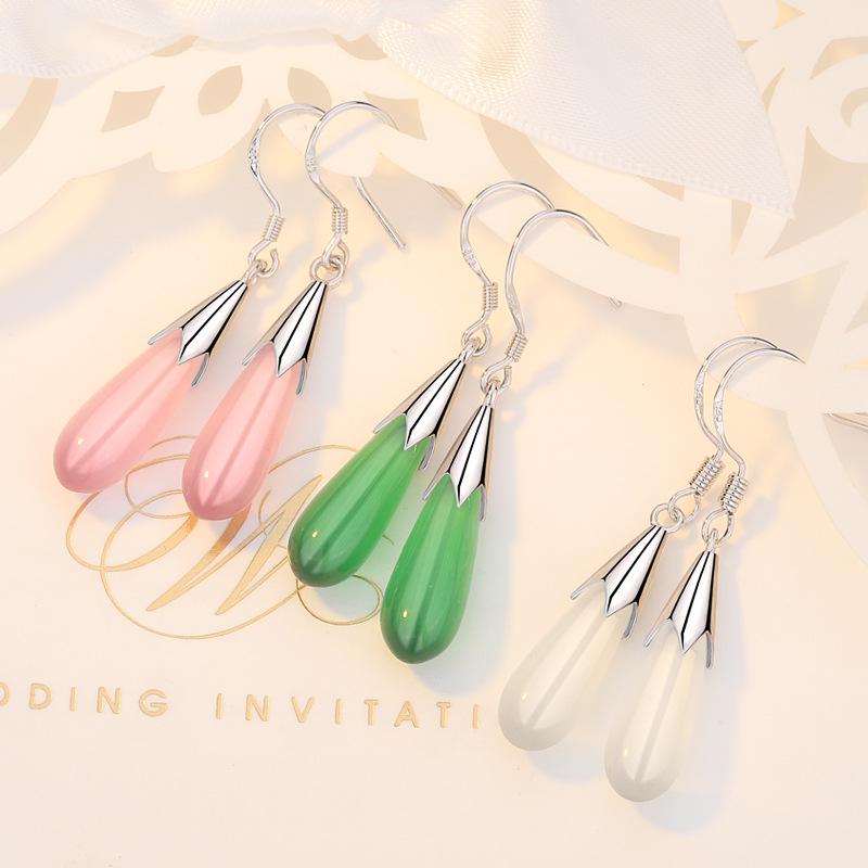 Qiaolanxuan Korean Style Sterling Silver Cat's Eye Teardrop Earrings with Natural Crystal