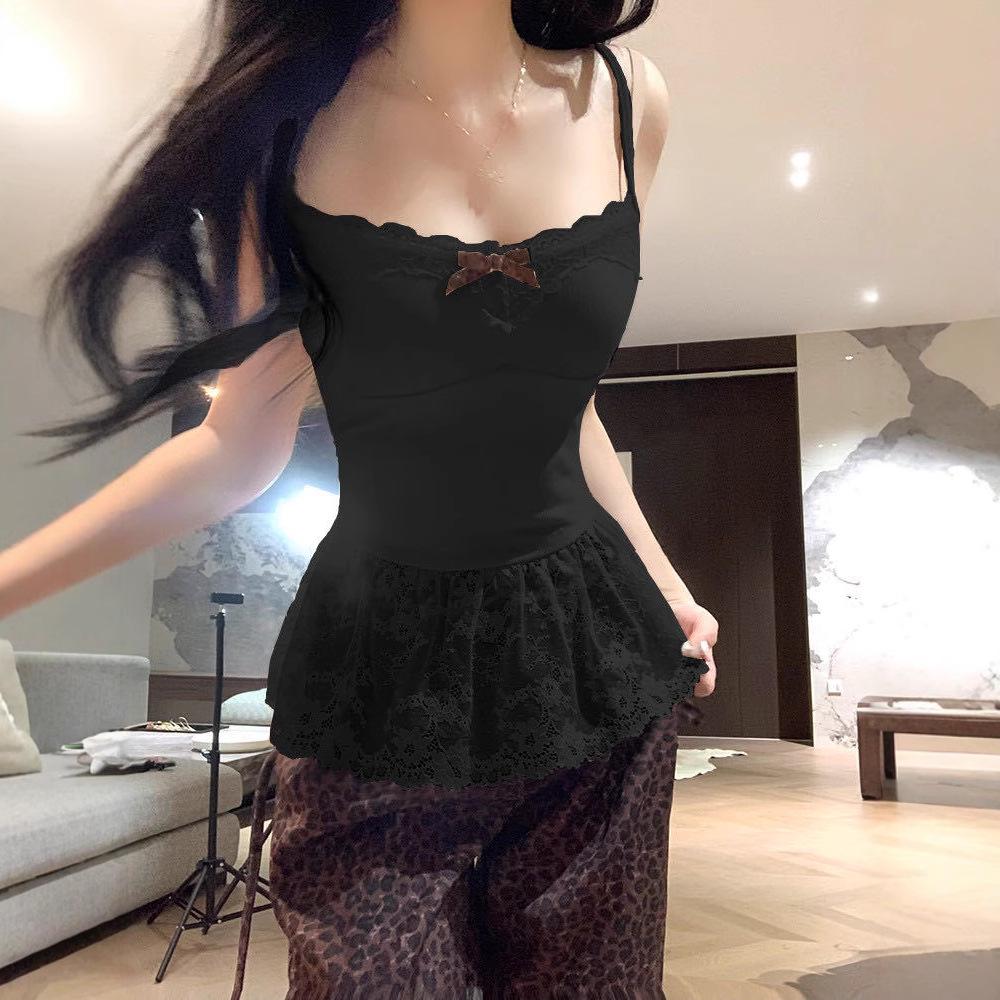 Women's Sweet French Bow Layered White Lace Camisole - Sleeveless Top for Autumn and Winter