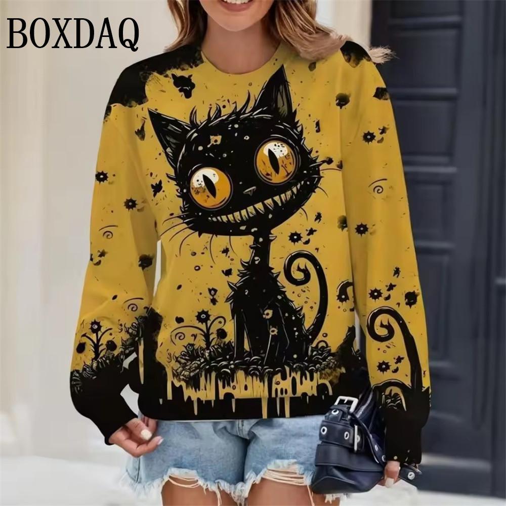 

Осенне-зимняя футболка женская модная футболка для Хэллоуинской вечеринки повседневные топы с длинным рукавом и свободного кроя с причудливым принтом кошки женская одежда S