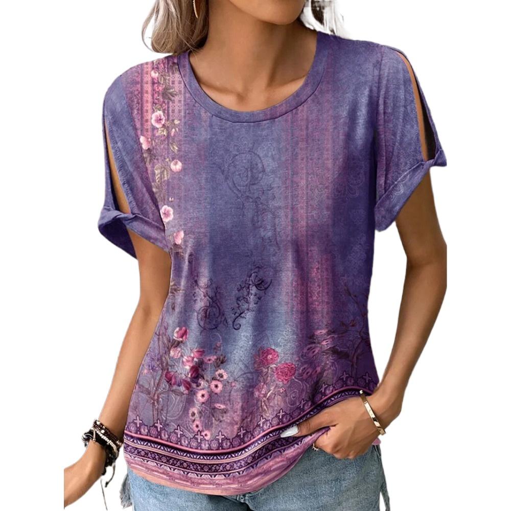 HNXC Damenmode, lässig, Sommer, Blumendruck, kurzärmelig, O-Ausschnitt, Blusen & Hemden