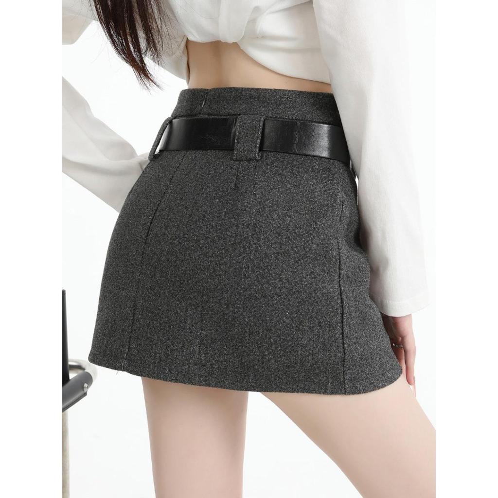 Plus Size Gray Woolen High Waist A-line Skirt for Spring/Autumn