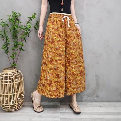 Damen Vintage Übergröße Hose mit Blumenprint Sommer Weitbein Baumwolle Leinen Freizeithose