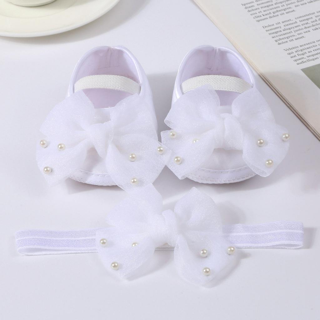 Elegant Lace Pearl Tulle Bow Baby Crib Shoes Matching Stretch Headband Set, Non-Slip Flexible Sole Toddler First Walkers Princess Outfit Accessory