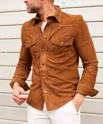 Nuovi bottoni per camicia da uomo in pelle scamosciata marrone, eleganti e casual, fatti a mano, in pura pelle di agnello