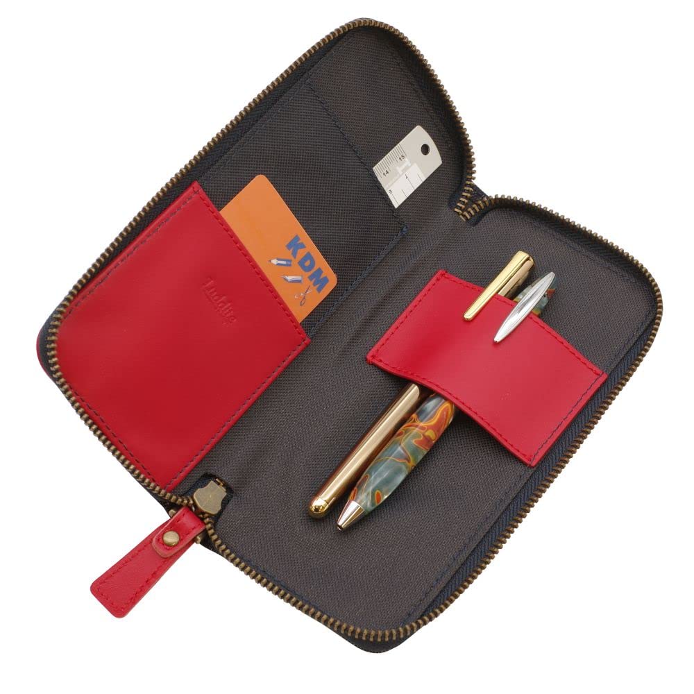 Luddite Leather Combination Round Zip Pen Case Denim and Genuine Leather Pencil Case (2) [Red] LDKC-RZP2-03