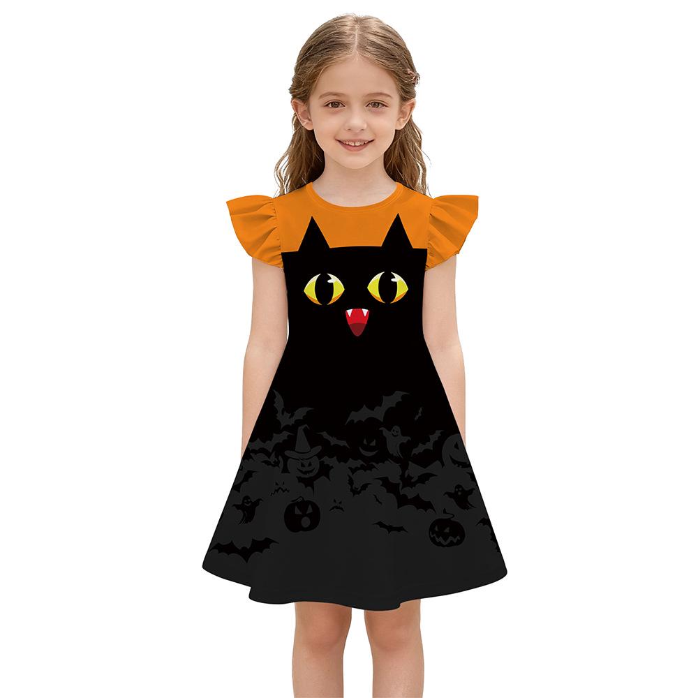 Halloween Girls Pumpkin & Black Cat Print Princess Dress with Small Flutter Sleeves Extra Extra Large