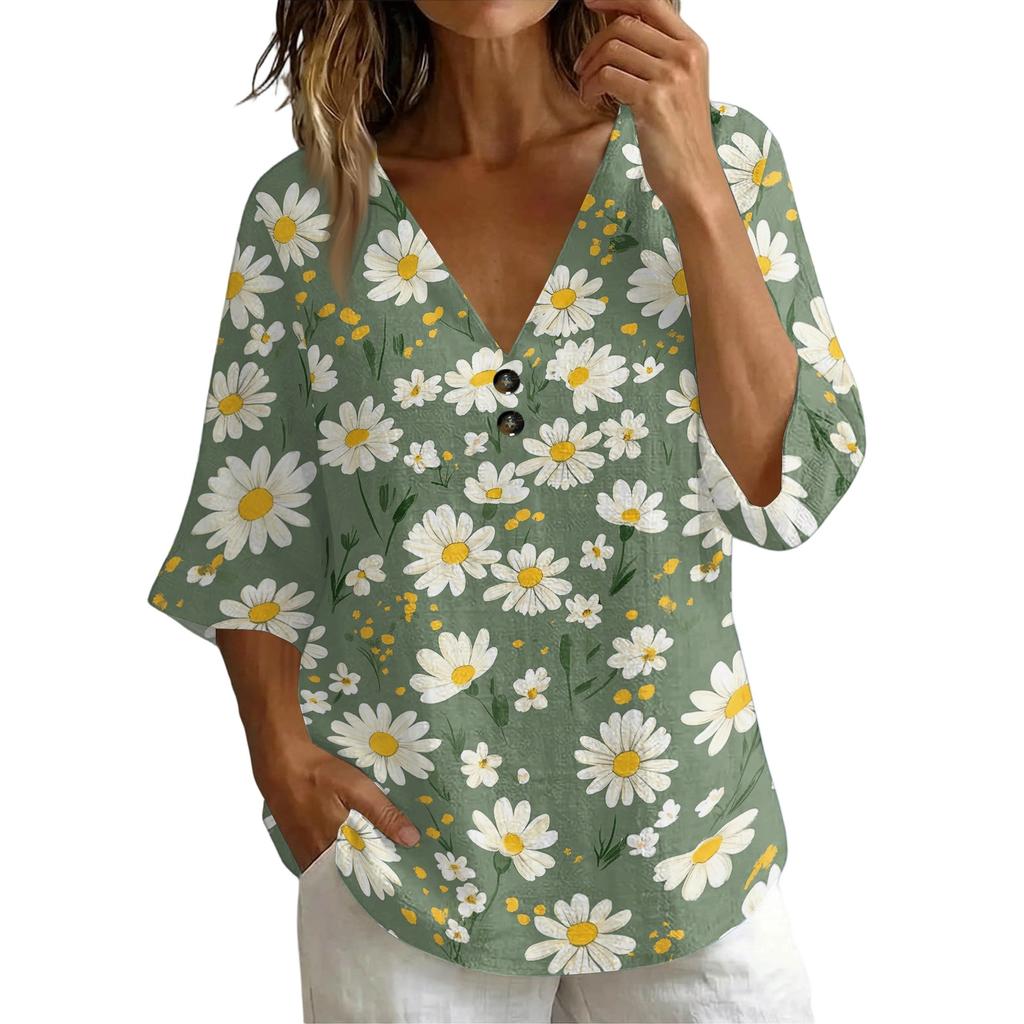 Women's Vintage Floral Print V Neck Short Sleeve Loose Fit T Shirt Made with Linen Blend Fabric Casual Summer Top for Daily Wear