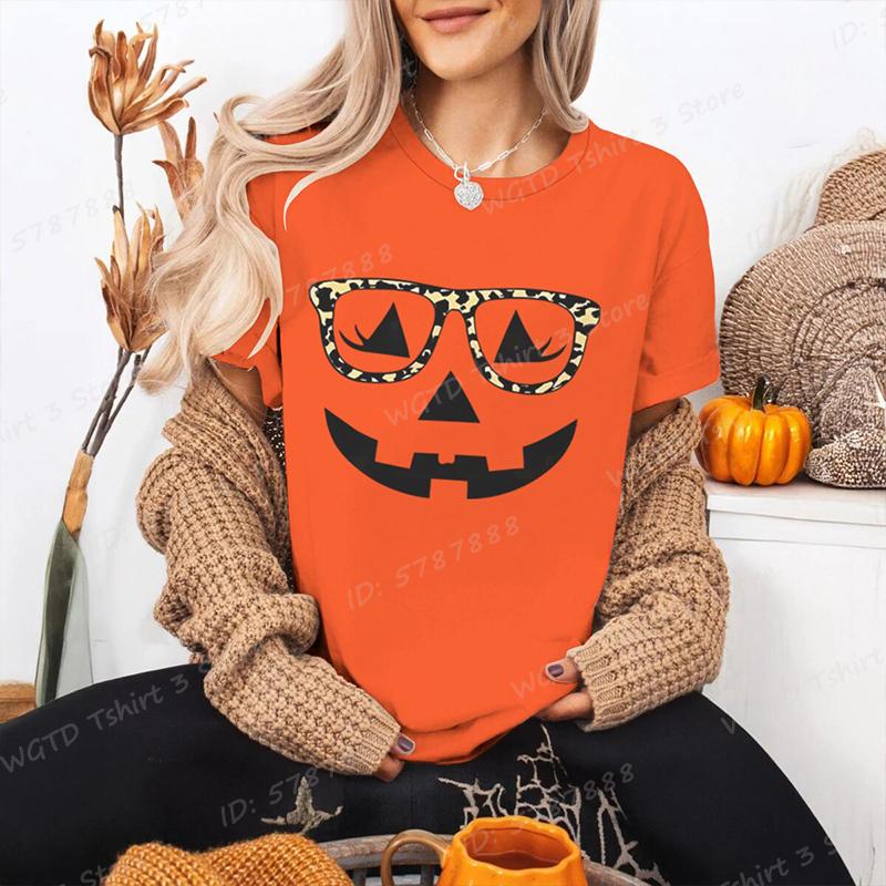 Funny Halloween Skeleton  Pumpkin Letter Print Tshirts Trendy Casual Short Sleeve Crew Neck Tees Tops Womens Clothing