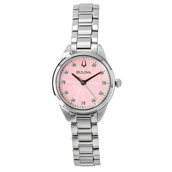 Bulova Women's Pink Sutton Stainless Steel Diamond Accents Dial Quartz 96P249 Watch