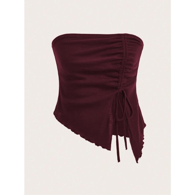 Women's Winter Drawstring Slit Irregular Waffle Style Slim Fit Strapless Vest Top
