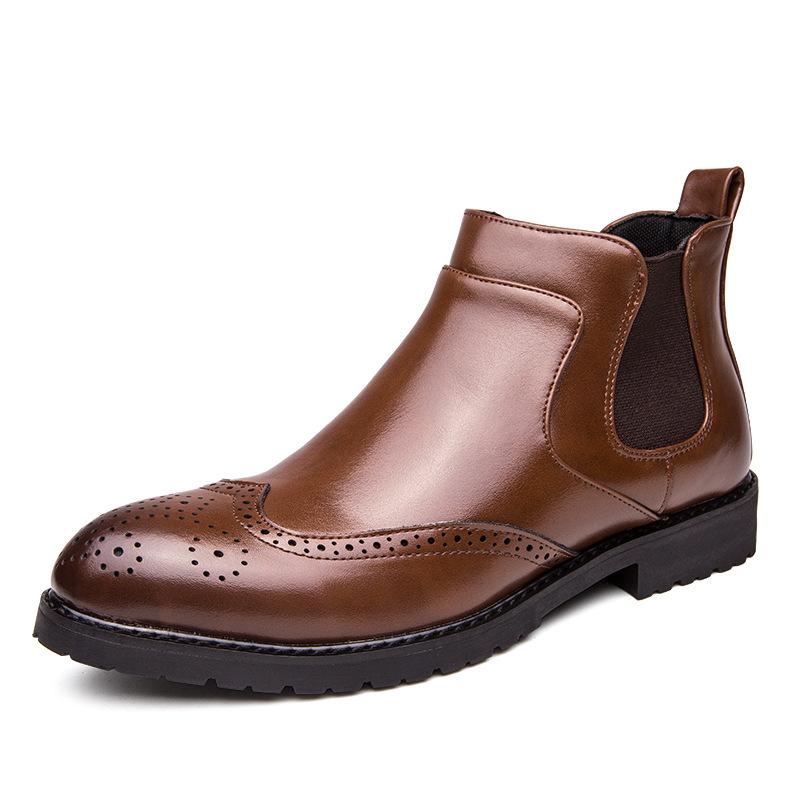 

Leather boots autumn and winter casual shoes large size pointed leather boots men s foreign trade men s Martin boots British style high-top men s boot 46 коричневий