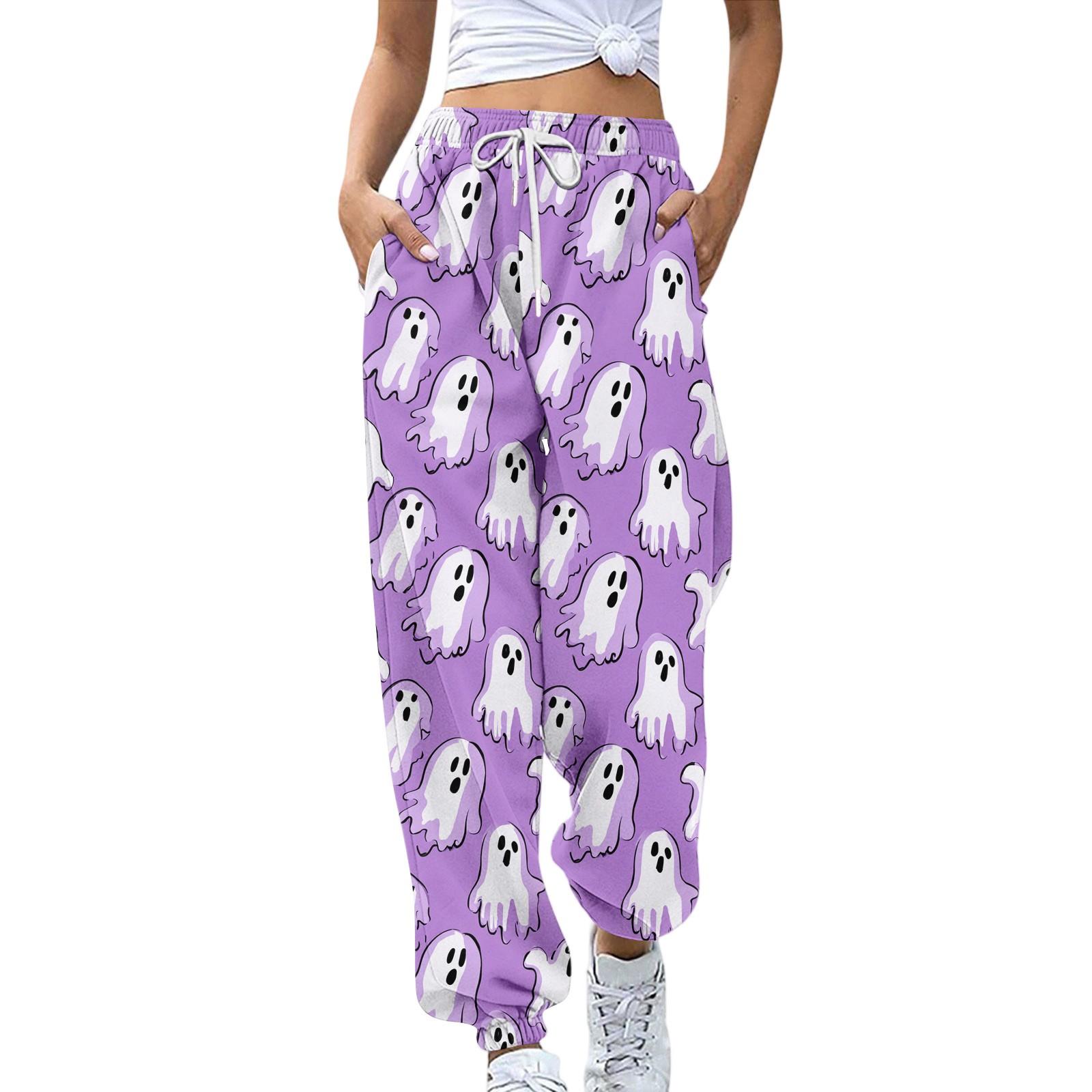 

Женские спортивные штаны Эластичный пояс Кулиска Повседневные брюки Принт на Хэллоуин Брюки с карманами S розовый