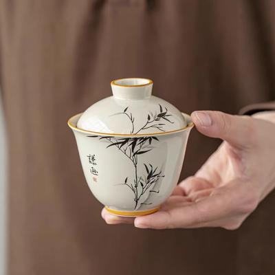 Plant Ash, Ink, Bamboo Ercai Cover Bowl, Teacup, Ceramic Household One-Person Drink, Anti-Scalding Kung Fu Tea Brewer, National Style Tea Set