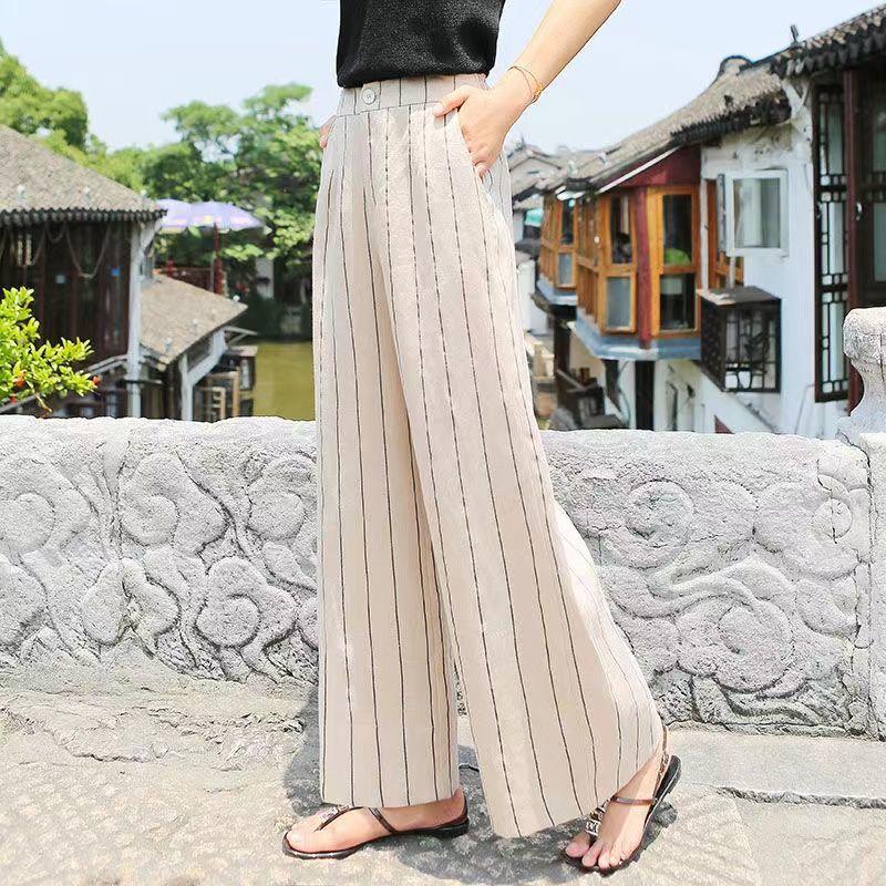 

Летние брюки Nine-Tenths женские свободные утягивающие полосатые повседневные широкие длинные брюки с эластичной талией M абрикосовый