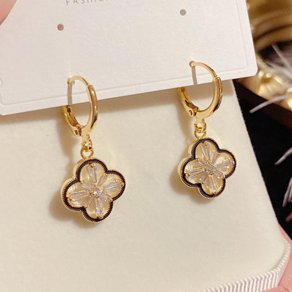 Yupsk Exquisite Elegant Copper Zircon Four-Leaf Flower Dangle Earrings for Women Girls Golden Anniversary Birthday Jewelry