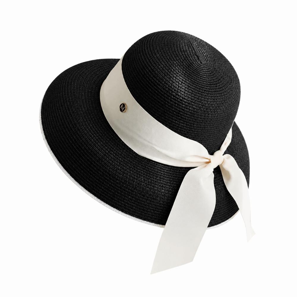 Bow Detail Straw Sun Hat Sun Protection Beach Bucket Hat Retro Summer Sun Cap Women чёрный
