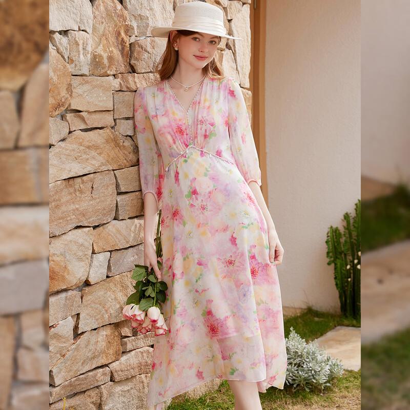 Elegant Pink Floral V-Neck 3/4 Sleeve Maxi Dress XL