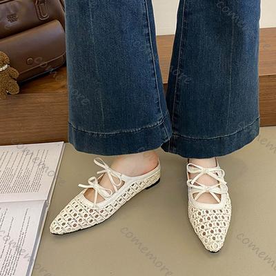 Comemore Women Weave Slippers Lace Up Middle Heel Sandals Casual Solid Woman Shoes Summer New Baotou Half Mules Shallow Slides