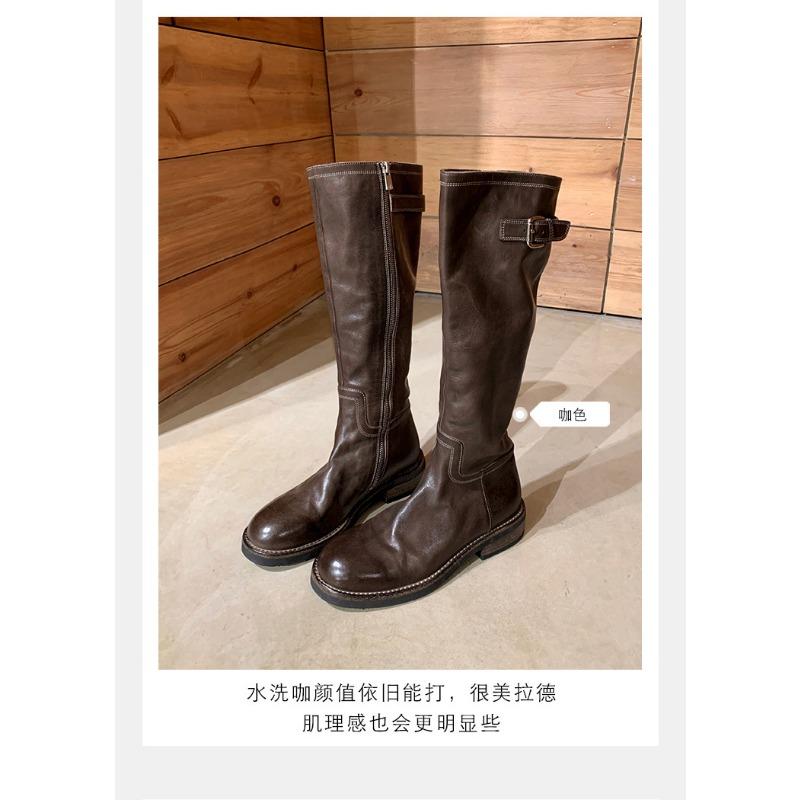 

Cowhide version~ pleated washed cowhide thick-soled thick-heeled belt buckle high knight boots women s boots 40