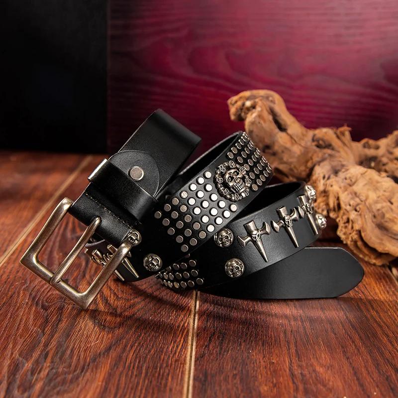 3.8cm Fashion Men Personality Skull-head Rivet Genuine Leather Belts Cool Punk Rock Hip Hop Pin Buckle Cowhide Belt with Holes
