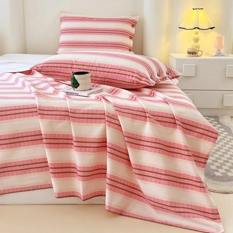 2025 new raw cotton old coarse cloth bed sheet single piece summer button pillowcase quilt sheet skin-friendly three-piece set