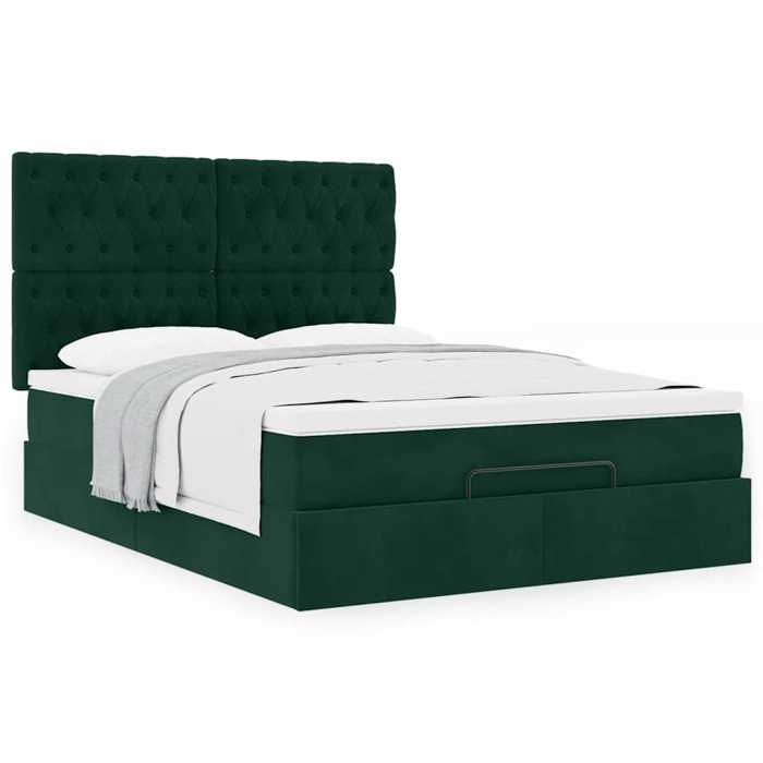 Exclusive House - Ottoman Bed Frame with Dark Green Mattress 140x190 Cm Velvet