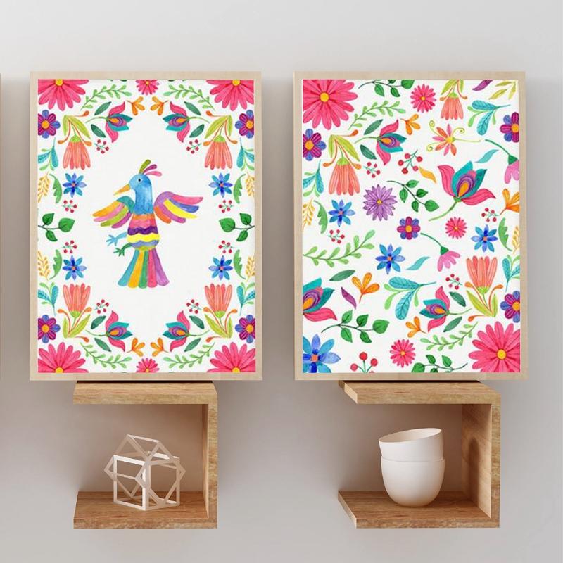 Flower Poster On Canvas Mexican Art Print Otomi Print Mexican Embroidery Art Canvas Painting Colorful Pattern Mexican Folk No Frame