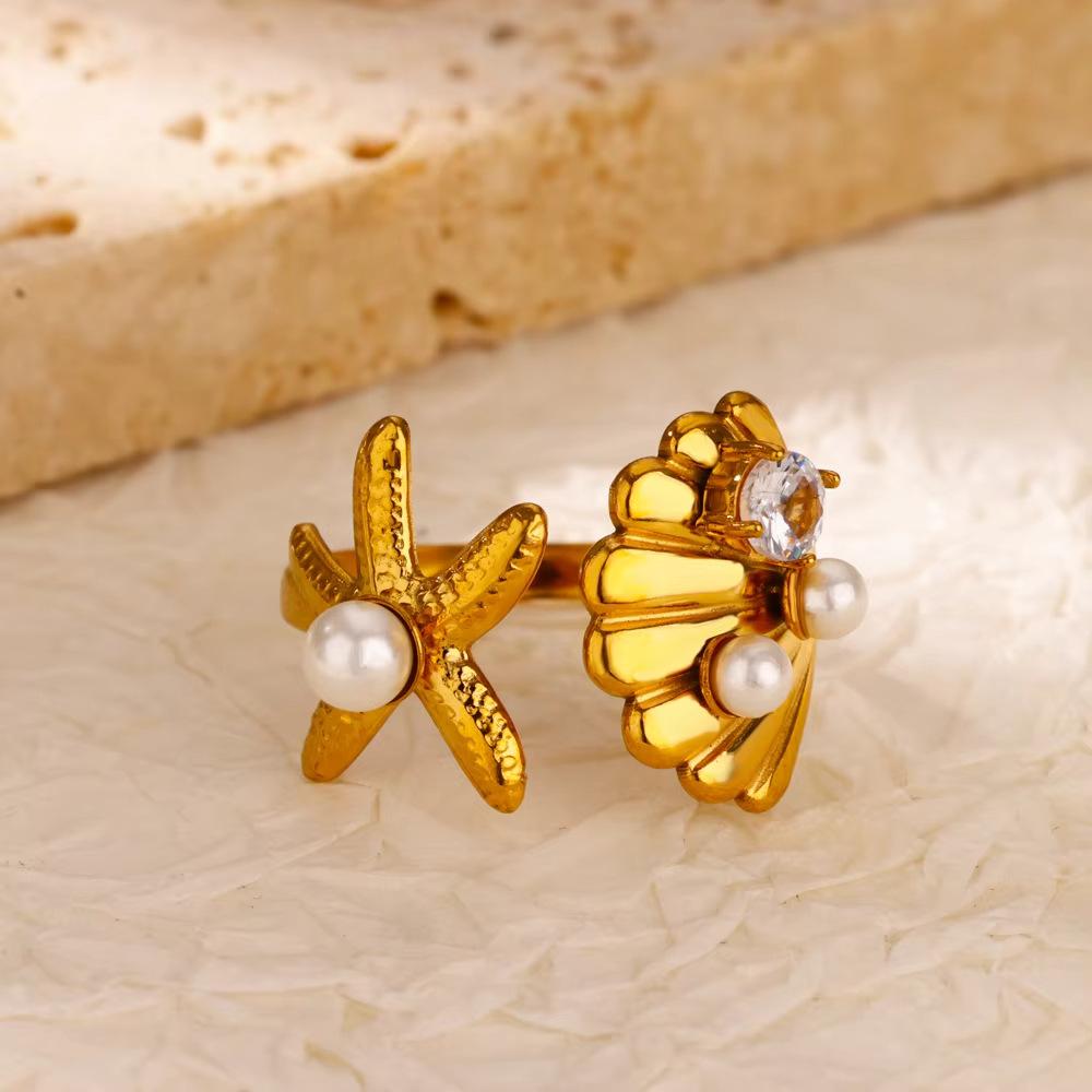 Creative oil pressure starfish conch titanium steel ring female zircon inlay with design summer beach jewelry