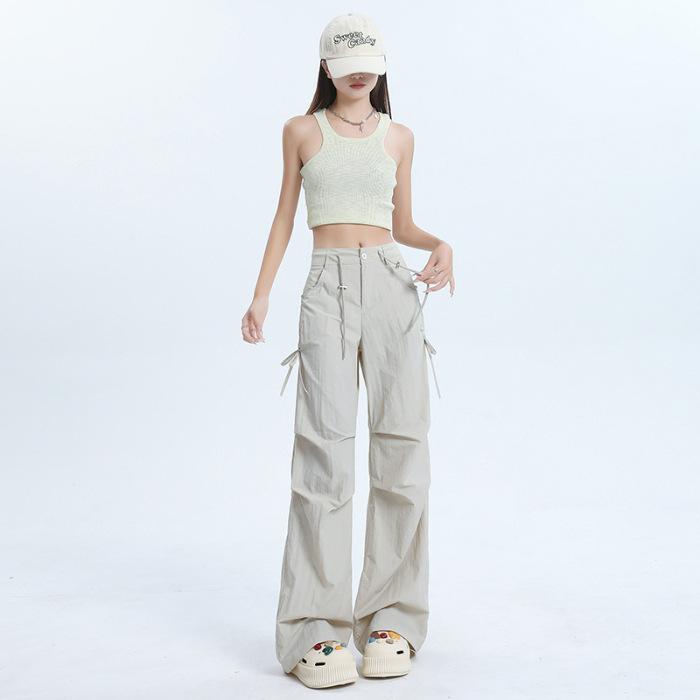 Women's High Waist Cargo Pants Wide Leg Trousers Quick Dry Drawstring Straight Pants Two Length Design Summer Casual Street Pants