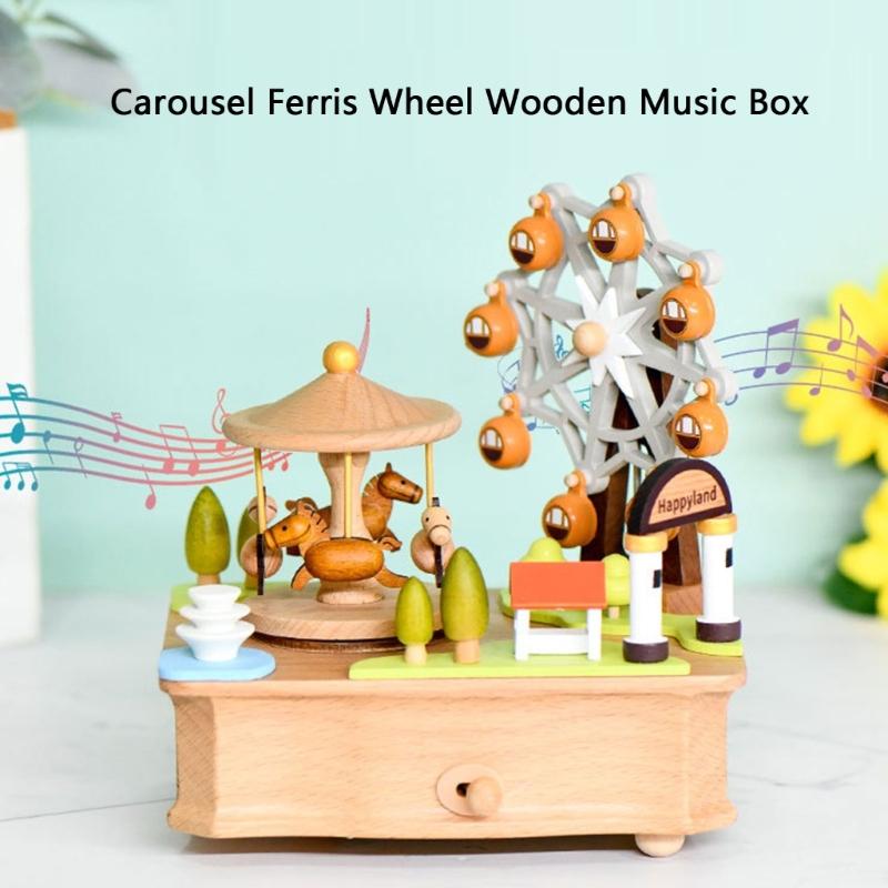 Classical Melodies Musical Rotating Carousels Ferris Wheel Wooden Music Box Ornament Gift For Kids Adults Home Decors