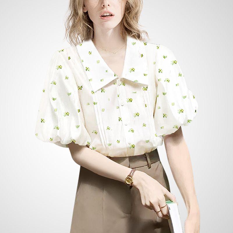 

Age-Reducing French Lantern Sleeve Niche Style Gentle Summer Clothing Shirt White + Green Print S