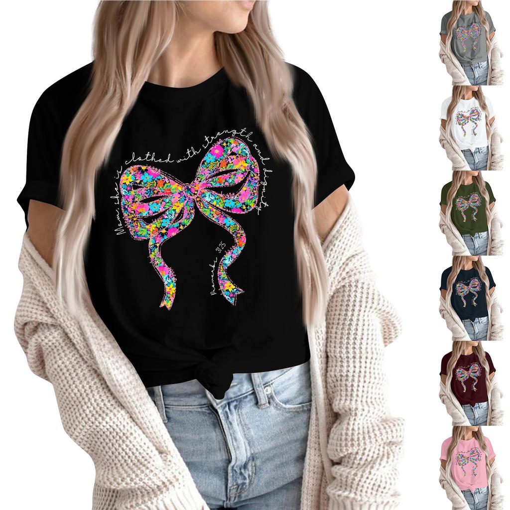 Women Casual Daily Round Neck Printed Short Sleeved T-shirt Letter Top