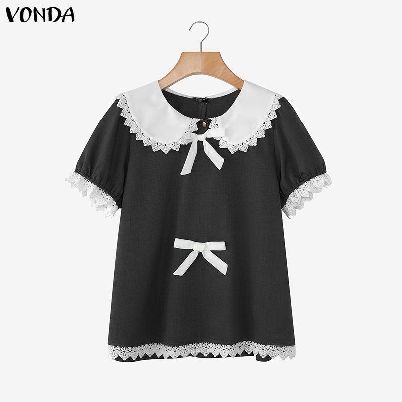 

VONDA Elegant Women Turn Down Collar Lace Hem Bow Casual Short Sleeve Blouse 2XL чорний