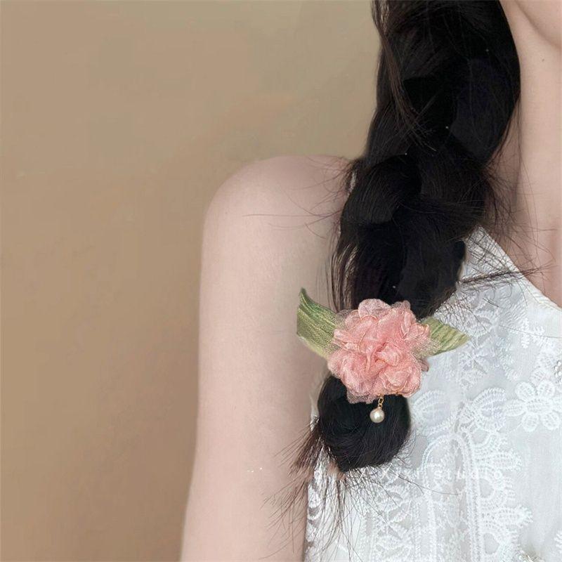 Pink Flower Ribbon Hair Band Women Girls Bowknot Ponytail Holders Hair Ropes Girls Korean Fashion Hair Accessories Headwear Blue