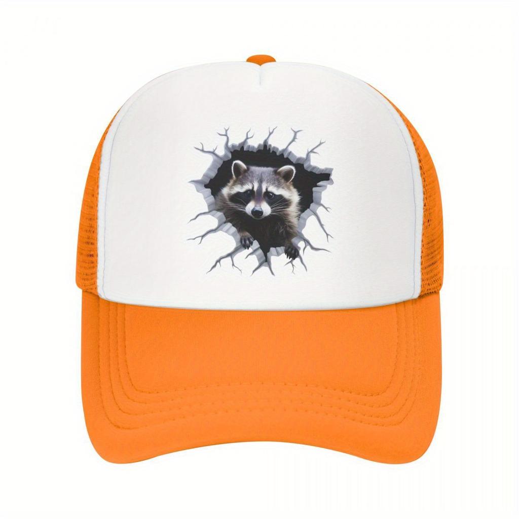 Raccoon Breaking Through Hole Trucker Hat Polyester Casual Snapback Cap Adjustable Unisex Outdoor